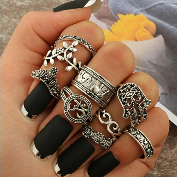 - Ohm hamza midi rings set 9ct boho silver r… - Picture 3 of 6